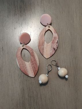 Pink & Wood Oval Drop Earrings